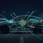 カメラ入力から操舵・加減速までをAIチップで一気通貫に処理する自動運転車のイメージ（自動運転 頭脳編）