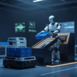 製造現場で通箱をピッキングしシュートへ投入するヒューマノイドロボットとAGV、周囲に異常検知の波形ホログラム