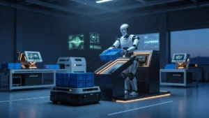 製造現場で通箱をピッキングしシュートへ投入するヒューマノイドロボットとAGV、周囲に異常検知の波形ホログラム