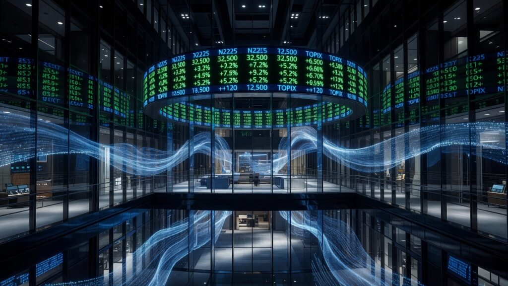 東京証券取引所の象徴的な電光チッカーと最先端の取引データストリーム、日本取引所グループのインフラ空間