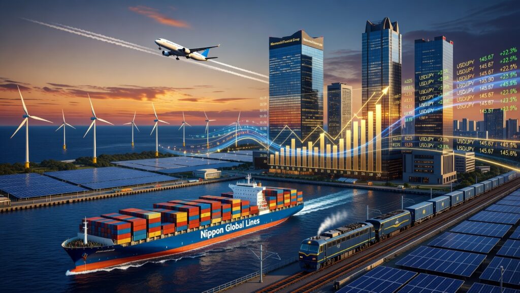 大型コンテナ船、航空機、貨物鉄道、風力発電と丸の内金融ビル群が調和した三菱HCキャピタルの実物資産インフラポートフォリオ