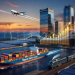 大型コンテナ船、航空機、貨物鉄道、風力発電と丸の内金融ビル群が調和した三菱HCキャピタルの実物資産インフラポートフォリオ