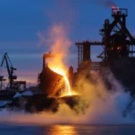夕暮れの高炉製鉄所で取鍋から流れ出る溶けた銑鉄と、背後にそびえる高炉および港湾クレーン