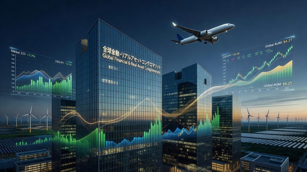近代的な航空機、再生可能エネルギー施設、高層ビル群とデジタル金融データが調和したオリックスの総合実物資産ポートフォリオ