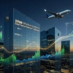 近代的な航空機、再生可能エネルギー施設、高層ビル群とデジタル金融データが調和したオリックスの総合実物資産ポートフォリオ