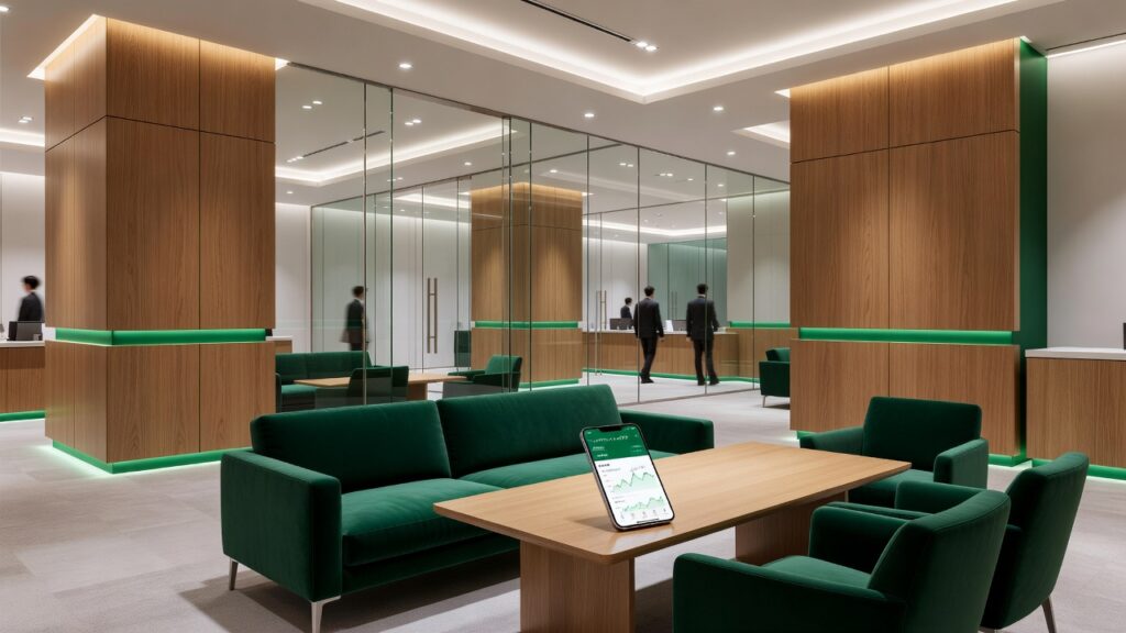 りそなグループのグリーンを基調とした近代的なリテール銀行店舗とデジタルバンキング空間