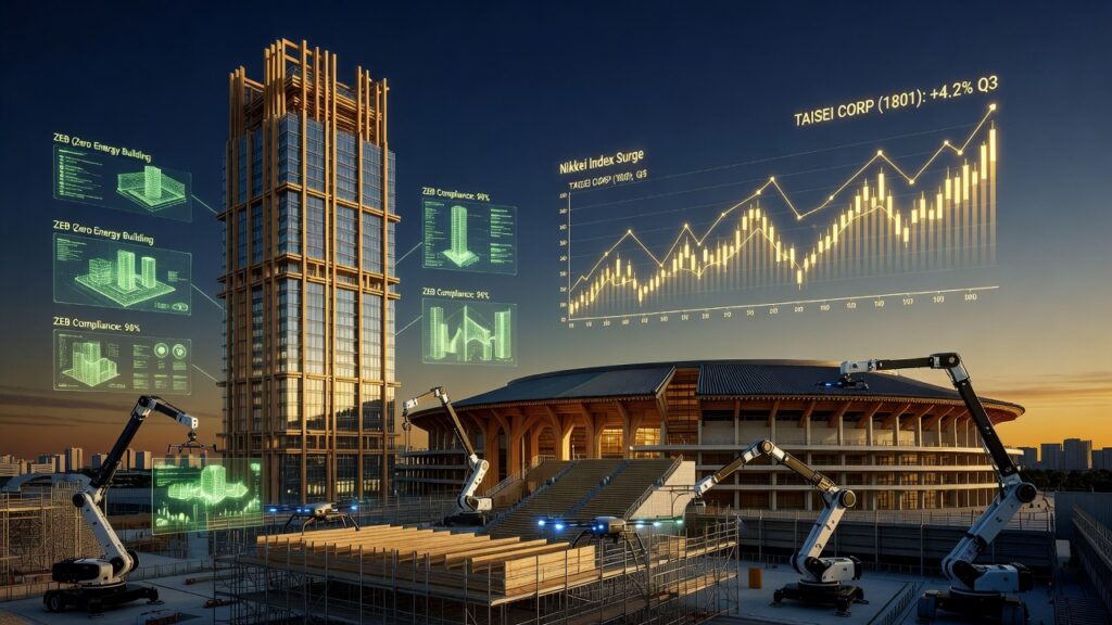 大成建設（1801）の木造高層建築T-Woodとスタジアム、自律重機T-iCraft、ZEBデータ、株価チャート