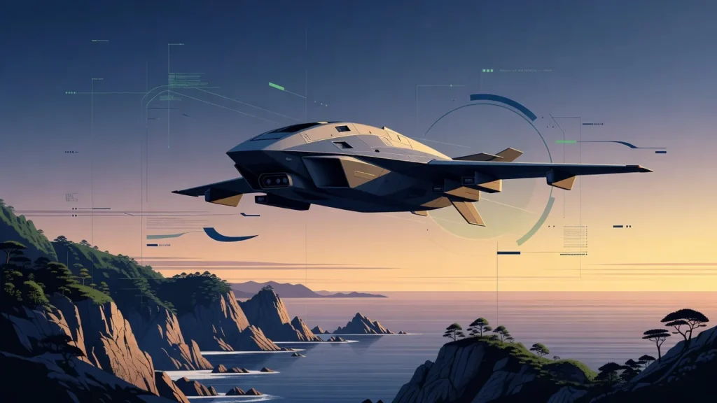 夜明けの海岸線上空を飛行する国産の迎撃ドローンと運航管理システムのイメージ（Terra Drone 278A 調査レポート）