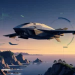 夜明けの海岸線上空を飛行する国産の迎撃ドローンと運航管理システムのイメージ（Terra Drone 278A 調査レポート）