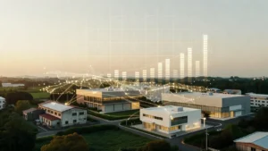夕暮れの工業地帯。小さな工場・物流倉庫・研究施設が光の線で結ばれ、空に成長を示す光の棒グラフが浮かぶイメージ