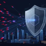 AIによるサイバー攻撃を防ぐ盾と都市のイメージ（サイバーセキュリティ関連株）
