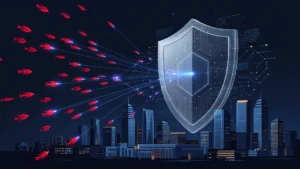 AIによるサイバー攻撃を防ぐ盾と都市のイメージ（サイバーセキュリティ関連株）