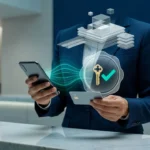 銀行の窓口でスマートフォンとICチップ付きカードをかざし、鍵とチェックマークの電子証明書の印が浮かぶイメージ