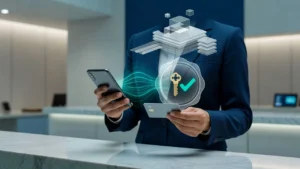 銀行の窓口でスマートフォンとICチップ付きカードをかざし、鍵とチェックマークの電子証明書の印が浮かぶイメージ