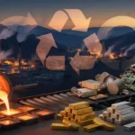 夕暮れの山あいの製錬所を背景に、るつぼから注がれる溶融金属と金・銀・白金色の地金、選別中の基板や使用済み触媒が並ぶ資源循環のイメージ