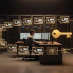サーバールームで管理者の操作画面が時系列の録画フレームとして記録され、金色の鍵が特権アクセスの管理を表しているイメージ