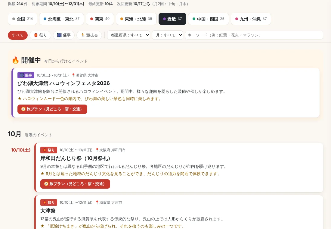 Event Juggleの近畿タブ。開催中のイベントと10月の祭りが日付順に並ぶ一覧画面