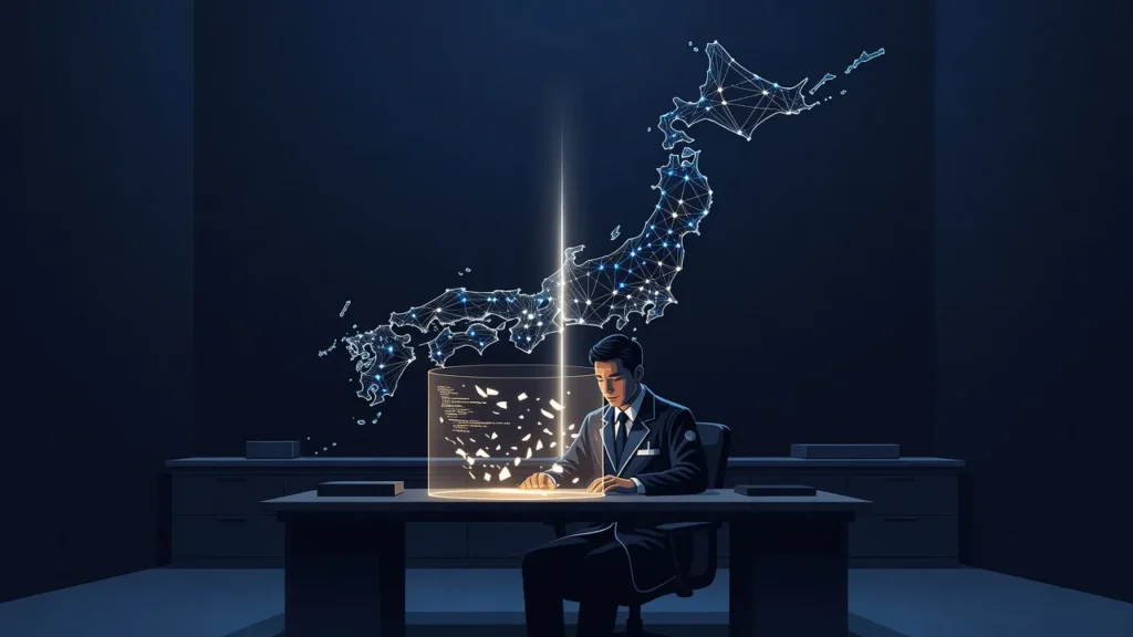 暗い研究室で技術者が透明なシールドの中のマルウェアのコード片を解析し、背後にネットワークで描かれた日本列島が浮かぶイメージ