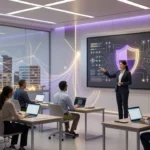明るい研修室でIT技術者がノートパソコンを使い、講師が盾とネットワーク図の映る大画面を指して説明しているイメージ