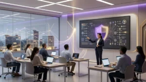 明るい研修室でIT技術者がノートパソコンを使い、講師が盾とネットワーク図の映る大画面を指して説明しているイメージ