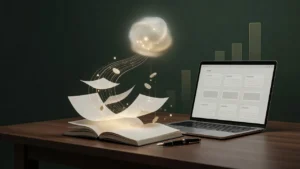 机の上のノートと万年筆、ノートパソコン。紙のページが光の線になってAIの光球へ流れ、コインが書き手の机へ戻ってくるイメージ