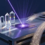 紺色の研究室で透明な単結晶が並び、紫の深紫外レーザが半導体ウエハを照らし、光ファイバーの束が光を運ぶイメージ