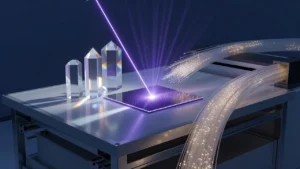 紺色の研究室で透明な単結晶が並び、紫の深紫外レーザが半導体ウエハを照らし、光ファイバーの束が光を運ぶイメージ