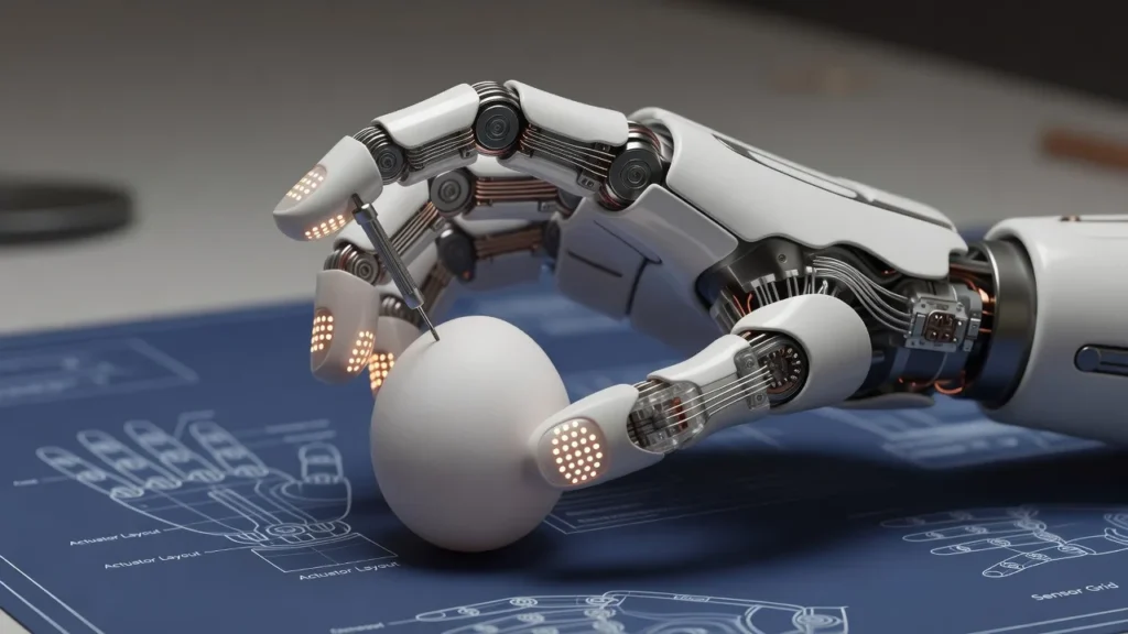 触覚センサーと腱・マイクロモーターを内蔵した多指ロボットハンドが卵と小型ドライバーを扱うイメージ