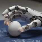 触覚センサーと腱・マイクロモーターを内蔵した多指ロボットハンドが卵と小型ドライバーを扱うイメージ