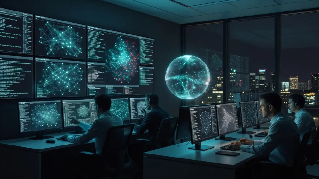 夜のセキュリティ監視室で分析担当者が大型モニターのネットワーク図とログを監視し、AIの球体が不審な通信を示しているイメージ