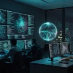 夜のセキュリティ監視室で分析担当者が大型モニターのネットワーク図とログを監視し、AIの球体が不審な通信を示しているイメージ