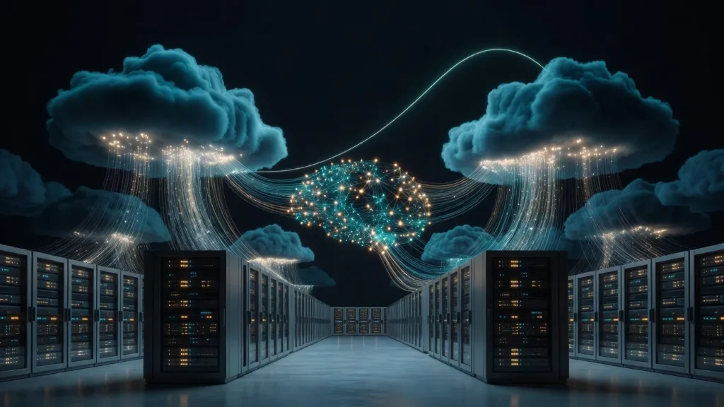 サーバーラックが並ぶデータセンターの上に光る雲が浮かび、光の線でニューラルネットワークにつながるイメージ
