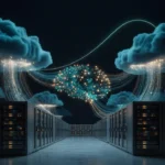 サーバーラックが並ぶデータセンターの上に光る雲が浮かび、光の線でニューラルネットワークにつながるイメージ