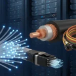 データセンターのサーバーラックを背景に、光る光ファイバ束と多心光コネクタ、電力ケーブルの断面、自動車用ワイヤーハーネスが並ぶイメージ