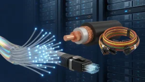データセンターのサーバーラックを背景に、光る光ファイバ束と多心光コネクタ、電力ケーブルの断面、自動車用ワイヤーハーネスが並ぶイメージ