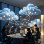 夜景の見える東京のオフィスで社員が議論し、頭上に光る雲とAIエージェントのノードが線で結ばれ、光の棒グラフが伸びるイメージ