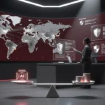世界地図が映るセキュリティ監視センターで分析担当者が操作し、手前の天秤にAIチップと硬貨が載ったイメージ