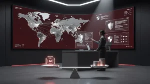 世界地図が映るセキュリティ監視センターで分析担当者が操作し、手前の天秤にAIチップと硬貨が載ったイメージ
